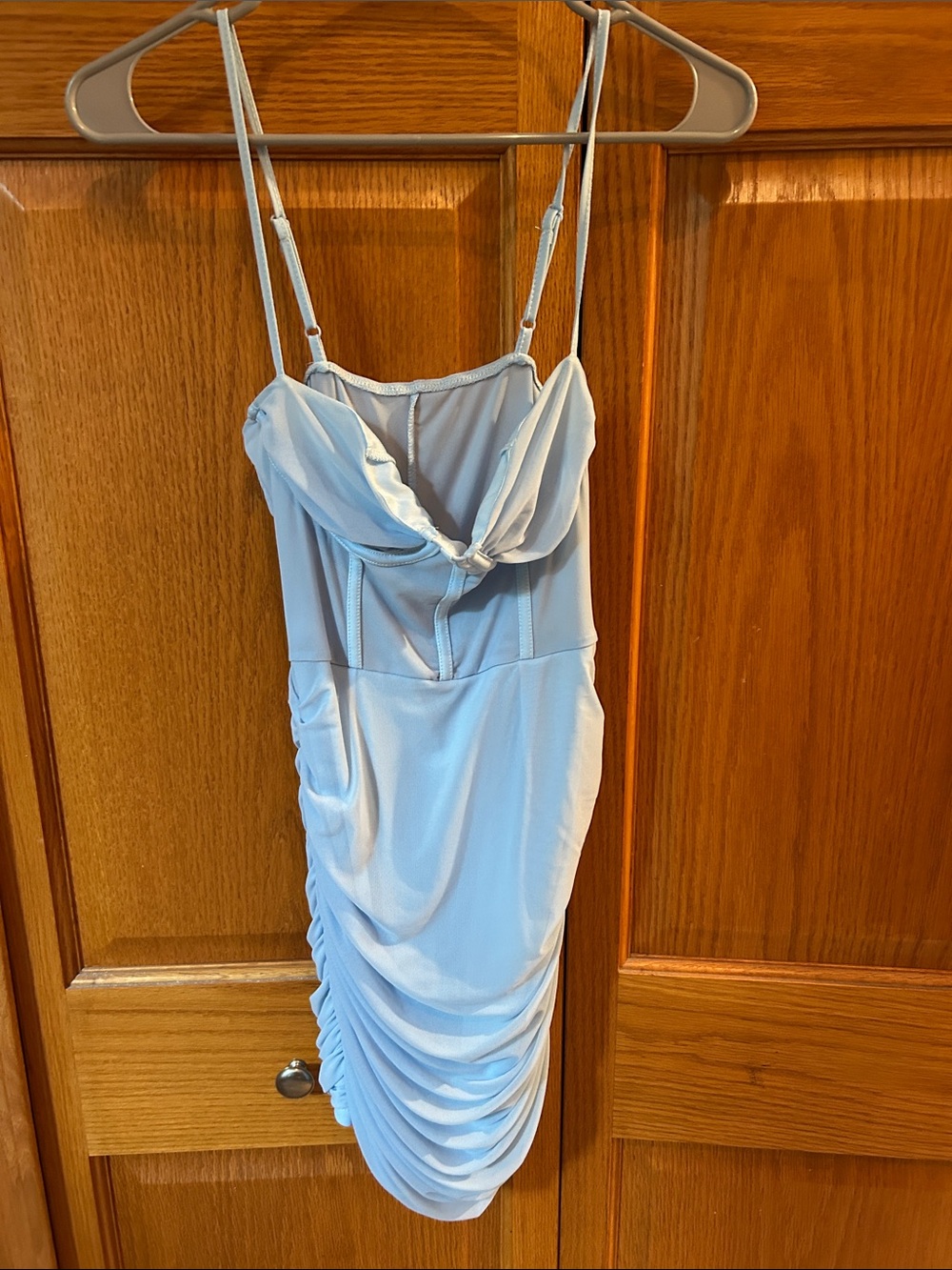 SHEIN Light Blue Ruched Spaghetti-Strap Mini Dress